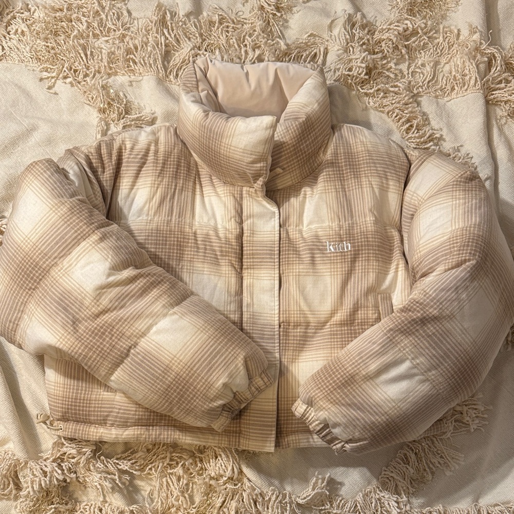 Kith “Shae” Cropped Reversible Cream Plaid Puffer Jacket